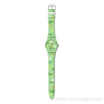 Promotional plastic watch, plastic case and PVC strap with sandwich printing